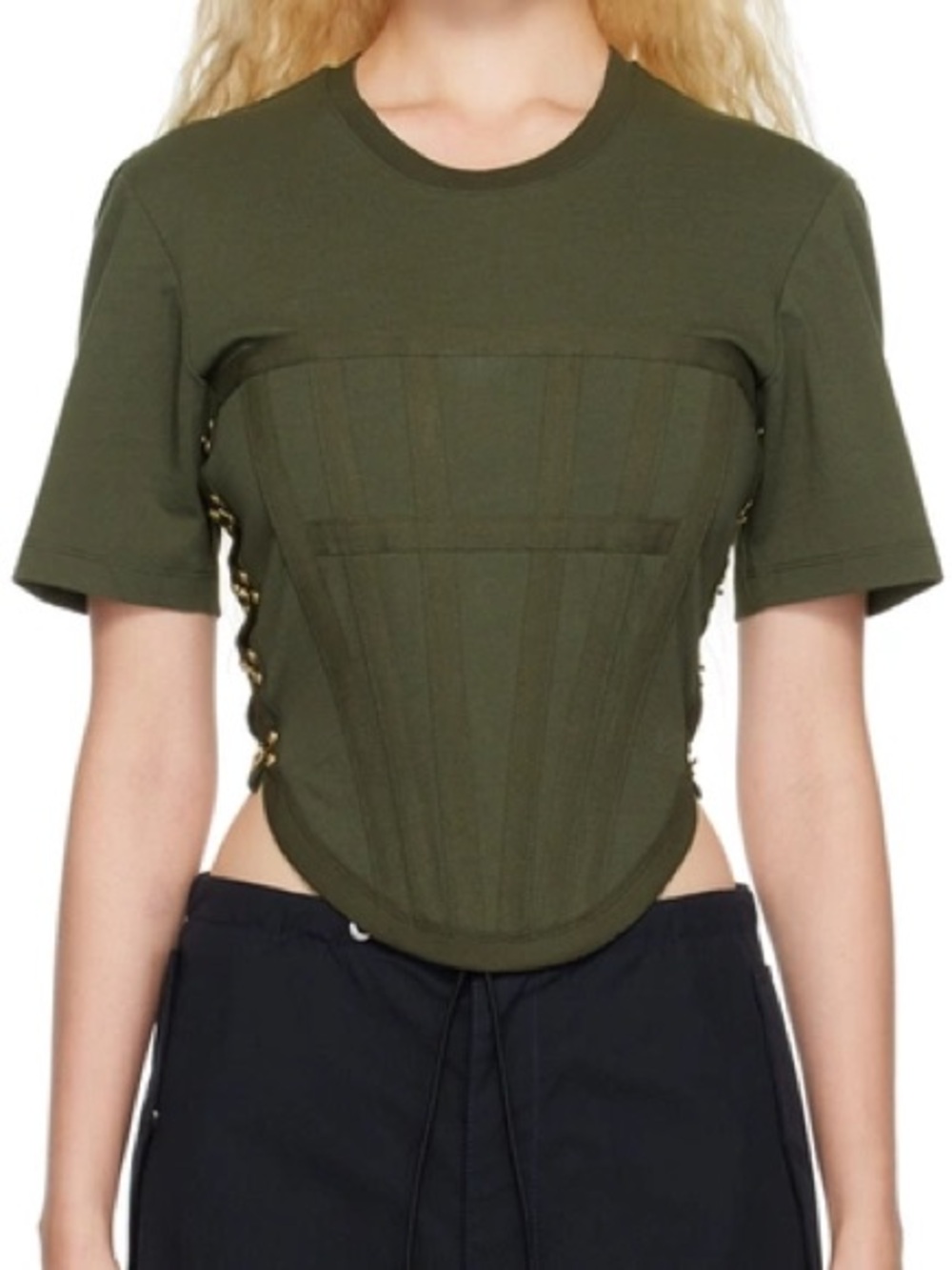 Dion Lee Olive Green Corset-Detail Short Sleeve Tee